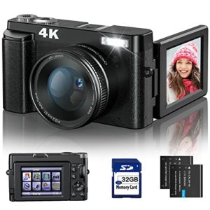 4K Digital Camera for Photography and Video [Autofocus & Anti-Shake] 48MP Vlogging Camera with SD Card, 3'' 180° Flip Screen Compact Camera with Flash, 16X Digital Zoom Travel Camera (2 Batteries)