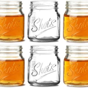 Circleware Mini Mason Jar Heavy Base Shot Glasses Set of 6 Fun Party Home Entertainment Dining Beverage Drinking Glassware Tumbler Whiskey Coffee Espresso Liquor Bar Jello Cups, Script, 4.9 oz