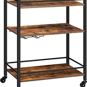 HOOBRO Drinks Trolley, Bar Cart, Serving Trolley, Kitchen Trolley Cart with Glass Holder, Kitchen Storage Shelf with Lockable Castors, 64 x 40 x 85 cm, for Lounge, Gins, Party, Rustic Brown EBF02TC01