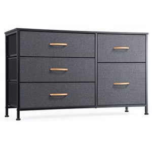 Nicehill Dresser for Bedroom with 5 Drawers, Storage Drawer Organizer, Wide Chest of Drawers for Closet, Clothes, Kids, Baby, TV Stand with Storage Drawers, Wood Board, Fabric Drawers(Black Grey)