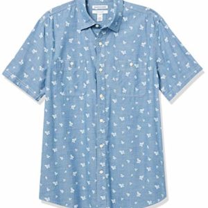 Amazon Essentials Men's Regular-Fit Short-Sleeve Poplin Shirt, Blue, Chambray/Leaf Print, S