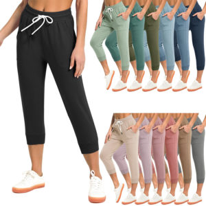 Women Capri Sweatpants Stretch Joggers Loose Pants Drawstring Pockets Trousers