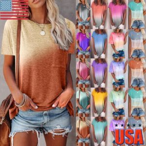 Womens Gradient Short Sleeve Tops T Shirt Ladies Summer Casual Loose Blouse Tee