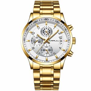 CRRJU Men's Fashion Stainless Steel Watches Date Waterproof Chronograph Wristwatches,Stainsteel Steel Band Waterproof Watch, gold white, stylish date watches for men
