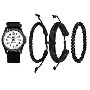 JewelryWe Men's Military Green Dial Nylon Strap Quartz Calendar Wrist Watch Night Vision Luminous Wristwatch, for Father's Day, black-white set, Casual