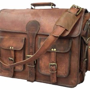 Men's 18" goat leather messenger Real satchel bag genuine laptop brown briefcase