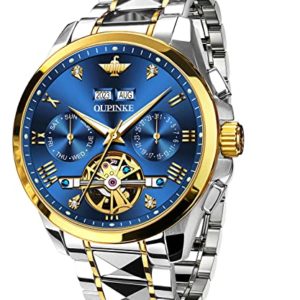 OUPINKE Watches Automatic Men Luxury Mechanical Tungsten Steel Sapphire Luminous Tourbillon Wristwatch Skeleton Waterproof Calendar, Blue, Mechanical