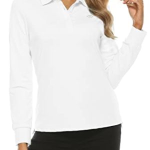 AIRIKE Women's Polo Top Golf Shirts Lady Long-Sleeve Plain Casual Classic Pique Polo Shirts White Size S