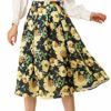 Allegra K Women's Vintage Floral Elastic High Waist Pleated A-Line Midi Skirt Black Yellow 8