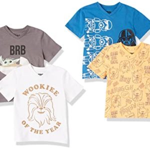 Amazon Essentials Disney | Marvel | Star Wars Boys' Short-Sleeve V-Neck T-Shirts (Previously Spotted Zebra), Pack of 4, Star Wars Print, 3 Years