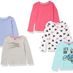 Amazon Essentials Girls' Long-Sleeved T-Shirt Tops (Previously Spotted Zebra), Pack of 5, Multicolour/Cat/Hearts/Racing, 2 Years
