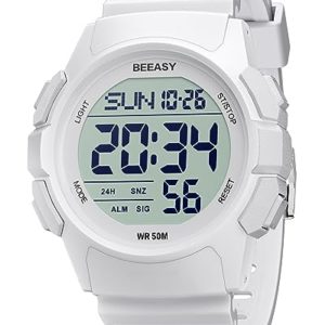 Beeasy Men Digital Sports Watch,Waterproof Watch with Stopwatch Countdown Timer Alarm Function Dual Time Rubber Strap Wrist Watch for Men/Student, White, Digital