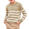 Boys Sweater Long Sleeve Round Collar Striped Button Knit Pullover Sweater Casual Fall Tops, Khaki, 11-12 Years