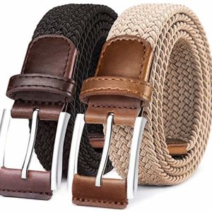 BULLIANT Mens Belt 2 Packs, Elasticated Belt Stretch Weave Belt 1 3/8",Casual Braided Woven Golf Belts for Mens Womens Jeans(Black/Beige-36-40" Waist Adjustable)