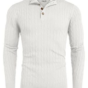 COOFANDY Men's Knitted Pullover Slim Fit Turtleneck Pullover Fine Knit Pullover with Stand-Up Collar Men's Winter Long Sleeve Sweater Zip Button Placket, Pure White, XXL