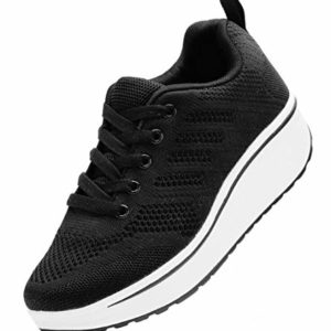 DADAWEN Women's Lace-up Mesh Trainers Wedge Heel Platform Walking Shoes Black Size 3