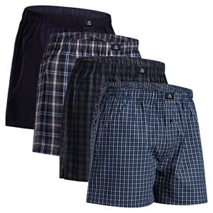 DANISH ENDURANCE 4 Pack Woven Boxer Shorts for Men, Loose Fit Comfort Underwear, Organic Cotton, Assorted Blue/Grey Mix, 3XL