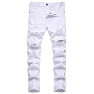 DANT BULUN Men's Ripped Distressed Destroyed Slim Fit Straight Leg Denim Jeans, Whited7004, 30
