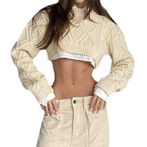 FeMereina Women Y2K Cropped Knitted Sweater Solid Color Crewneck Cable Knit Chunky Long Sleeve Crop Pullovers TopKnit Hollow Out Jumper Tops (Creamy, M)