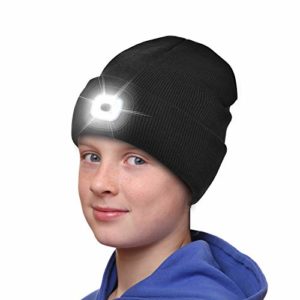 FENRIR Etsfmoa Unisex LED Beanie Hat with Light,Gifts for Kids Boys and Girls Children USB Rechargeable Hands Free 4 LED Headlamp Cap (Black)
