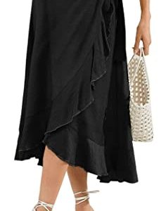FEOYA Women's High Waisted Tie Wrap Midi Skirts Plain Ruffle Hem Split Maxi Wrap Skirts Casual Summer Beach Long Skirts Black S