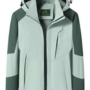 FEOYA Women's Waterproof Windproof Hiking Jacket Outdoor Hooded Windbreaker Water Resistant Camping Coat Stand Collar Lightweight Rain Jacket with Zipper Pockets Detachable Hood Spring Mint Green M