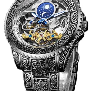 FORSINING Retro Watch for Men Carved Self-Wind Mechanical Tattoo Tourbillon Moon Phase Independent Seconds Skeleton Automatic Big Dial Wrist Watches, silver, Mechanical
