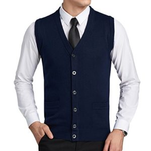 FULIER Mens Wool V-Neck Gilet Sleeveless Vest Waistcoat Classic Gentleman Knitwear Cardigans Knitted Sweater Tank Tops with Buttons (XL, Navy)