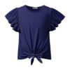 Girl's Short Ruffle Sleeve Summer Shirts Top Tie Front Knot Tops Tee T Shirt 6-13Y, Navy, 12-13 Years