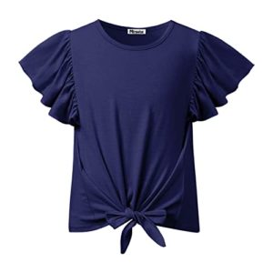 Girl's Short Ruffle Sleeve Summer Shirts Top Tie Front Knot Tops Tee T Shirt 6-13Y, Navy, 12-13 Years