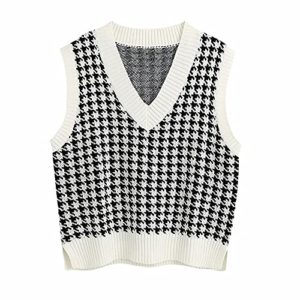 Gulajia Oversized Women Houndstooth Pattern Knit Sweater Vest Sleeveless Loose V-Neck 90s Waistcoat Pullover Knitwear Top, White, Small-Medium
