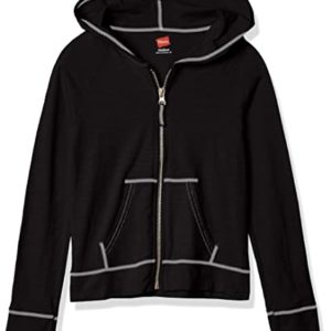Hanes Girls' Slub Jersey Full Zip Jacket Hooded Sweatshirt, Black, L