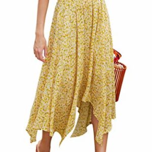 Hibluco Women's High Waist Asymmetrical Boho Midi Skirt Casual Floral Skirts