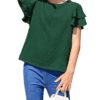 Hopeac Girls Ruffle Sleeve Casual Solid T-Shirts Pullover Keyhole Back Blouse Swiss Dot Tops for 4-13 Years, Dark Green, 11-12 Years