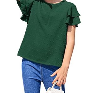 Hopeac Girls Ruffle Sleeve Casual Solid T-Shirts Pullover Keyhole Back Blouse Swiss Dot Tops for 4-13 Years, Dark Green, 11-12 Years