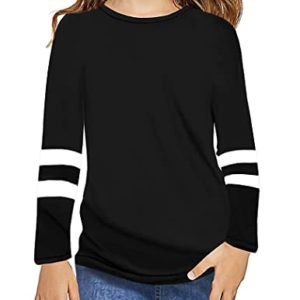 Hopeac Girls Shirts Cotton Casual Basic Long Sleeve Crewneck Color Block Tunic Tee Tops Blouse, A-black, 4-5 Years