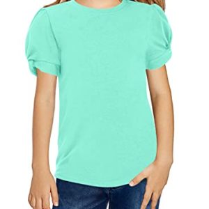 Hopeac Girls Shirts Summer Cute Classic Fit Twist Short Sleeve Plain Cotton Crew Neck T-Shirt Tee Tops Blouse, Grass Green, 4-5 Years