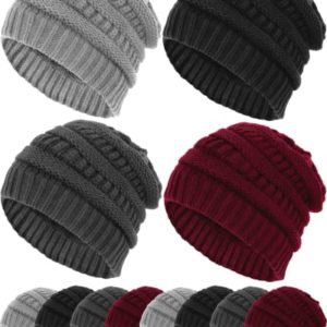 Jecery 12 Pack Slouchy Beanie Bulk Winter Warm Knitted Cable Knit Hats Soft Beanies Thick Solid Winter Cold Weather Hat Trendy Ribbed Chunky Accessories Warm Skiing Beanies for Unisex Women and Men,