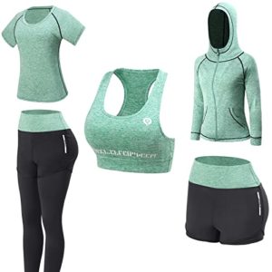 JULY'S SONG Women's 5pcs Yoga Suit Sportsuits Running Jogging Gym Workout Outfit Women's Activewear Sets Sport Yoga Exercise Fitness Clothing