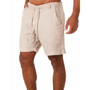 Junhouse Men's Cotton Linen Shorts Chino Bermuda Shorts Summer Solid Color Casual Sports Drawstring Short (XXXL,Beige)
