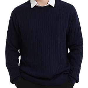 Kallspin Men's Wool Blended Knitted Jumpers Crewneck Cable Knit Long Sleeve Pullover Sweater (Dark Blue, L)