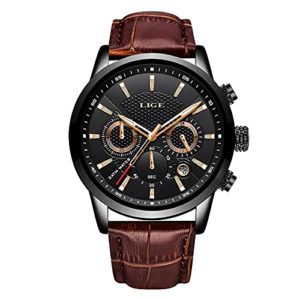 LIGE Watch Men's Fashion Waterproof Sports Chronograph Analogue Quartz Stainless Steel Business Leather Bracelet Black Dial Wristwatch