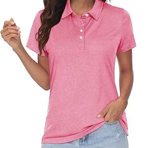 MAGCOMSEN Women's Short Sleeve Golf Polo Shirts Quick-Dry Tops 4-Button Moisture Wicking Performance Athletic Shirts Pink
