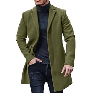 Mens Trench Coat Casual Slim Fit Single Breasted Lapel Top Coat Winter Warm Cotton Business Long Jacket Overcoat,Green,XL