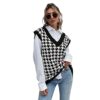 Meufam Women's Houndstooth Pattern Sweater Vest Sleeveless Loose V Neck Waistcoat Pullover Knitwear Top (Black,Large,UK,Alpha,Adult,Female,L,Regular,Regular)
