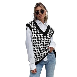 Meufam Women's Houndstooth Pattern Sweater Vest Sleeveless Loose V Neck Waistcoat Pullover Knitwear Top (Black,Large,UK,Alpha,Adult,Female,L,Regular,Regular)