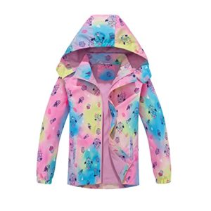 MGEOY Boys Girls Rain Jackets Lightweight Waterproof Hooded Raincoats Windbreakers for Kids, Rainbow Owl(lining:fleece), 7-8 years