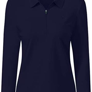 MoFiz Women's Long-Sleeve Polo Top Cotton Golf Shirts Plain Classic Pique Polo Shirts Dark Blue Size L