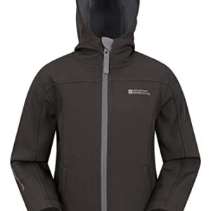 Mountain Warehouse Exodus Kids Softshell Jacket - Breathable Childrens Jacket, Showerproof Girls Coat, Fleece Lined Boys Hoodie, Wind Resistant - for Travelling, Black, 11-12 Years