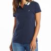 Nautica Women's Classic Fit Striped Collar Stretch Cotton Polo Shirt, Navy Seas, Medium
